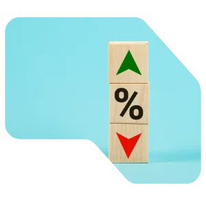 Image representative of interest rates, showing 3 blocks stack, top block is a green arrow up, middle is a % percent sign and bottom is a red arrow pointing down