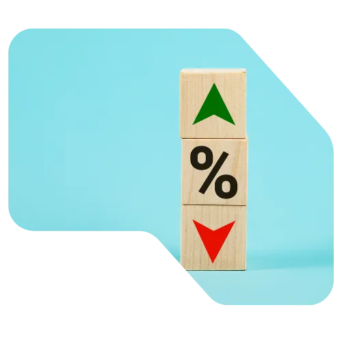 Image representative of interest rates, showing 3 blocks stack, top block is a green arrow up, middle is a % percent sign and bottom is a red arrow pointing down